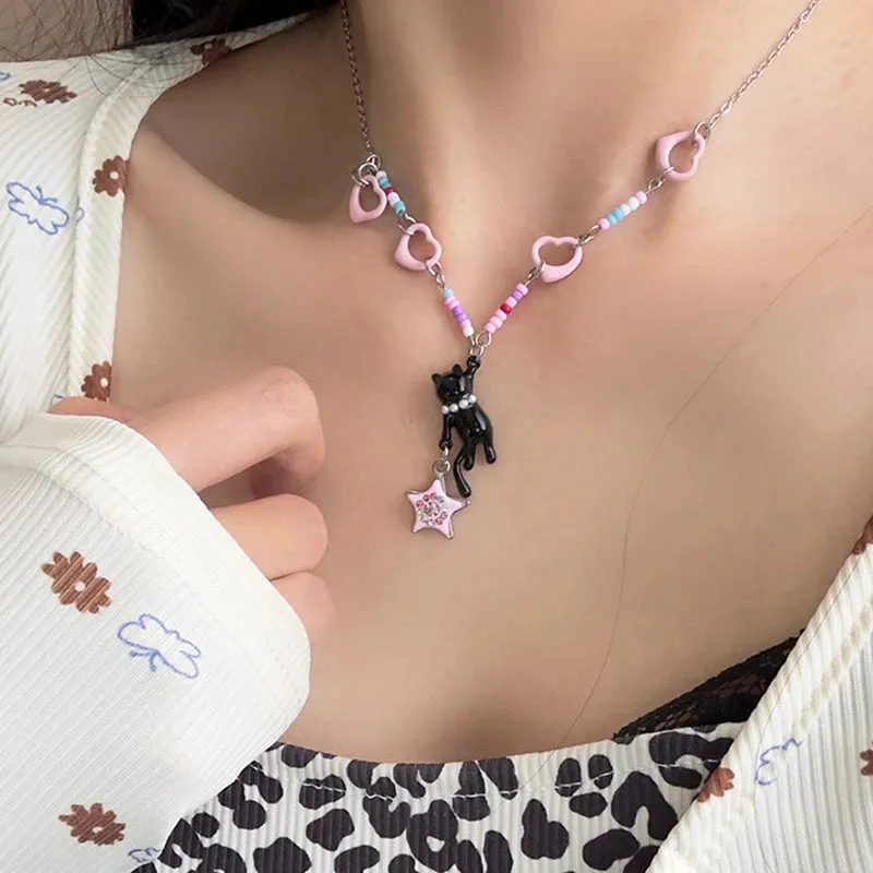 Black Cat Chain Stars Pendant Necklace for Women Girls Y2K Trendy Heart Choker Necklaces Sweet Fashion Jewelry Neck Accessories