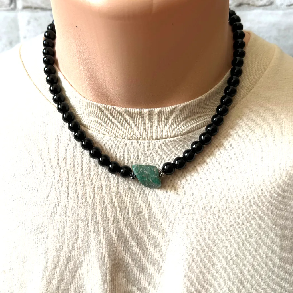 Black Onyx and Russian Amazonite Mens Beaded Necklace