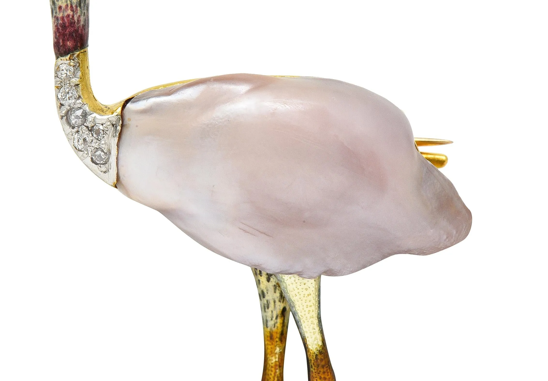 Black Starr & Frost Edwardian Natural Pearl Diamond Enamel 14 Karat Gold Ostrich Bird Brooch GIA