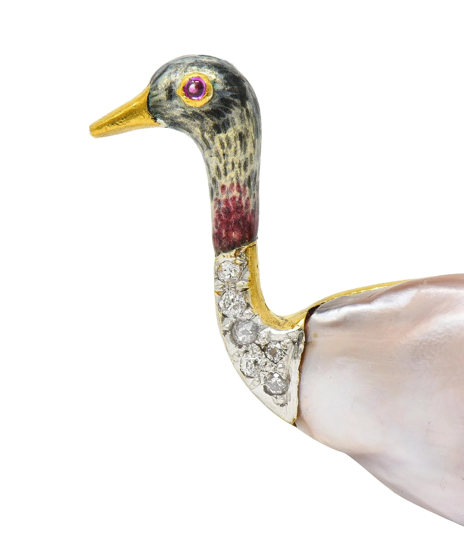 Black Starr & Frost Edwardian Natural Pearl Diamond Enamel 14 Karat Gold Ostrich Bird Brooch GIA