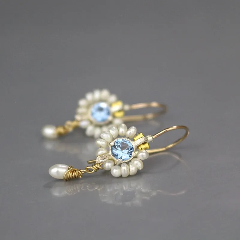 Blue CZ Pearl Flower Earrings