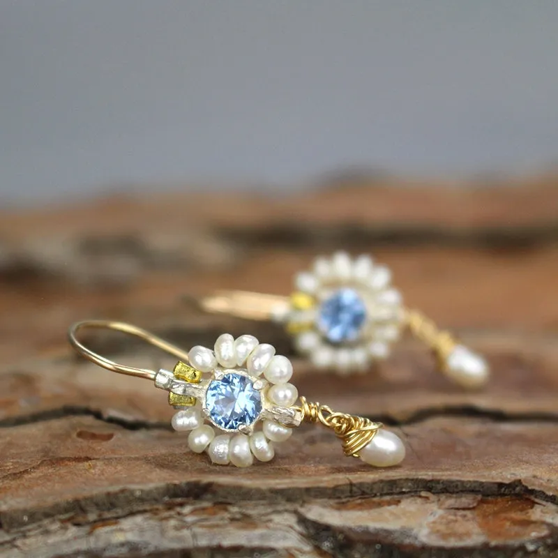 Blue CZ Pearl Flower Earrings