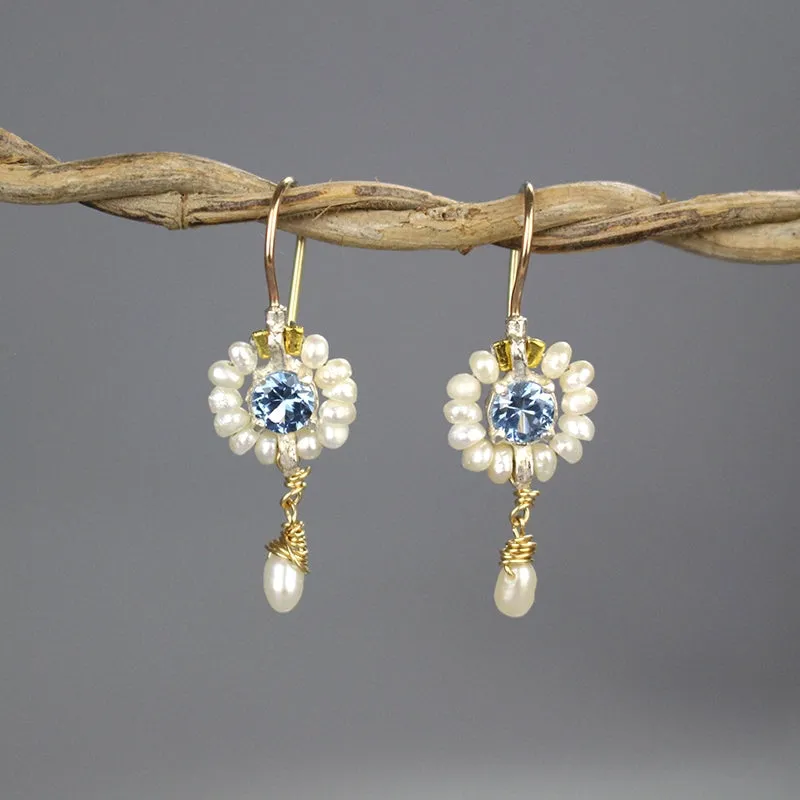 Blue CZ Pearl Flower Earrings