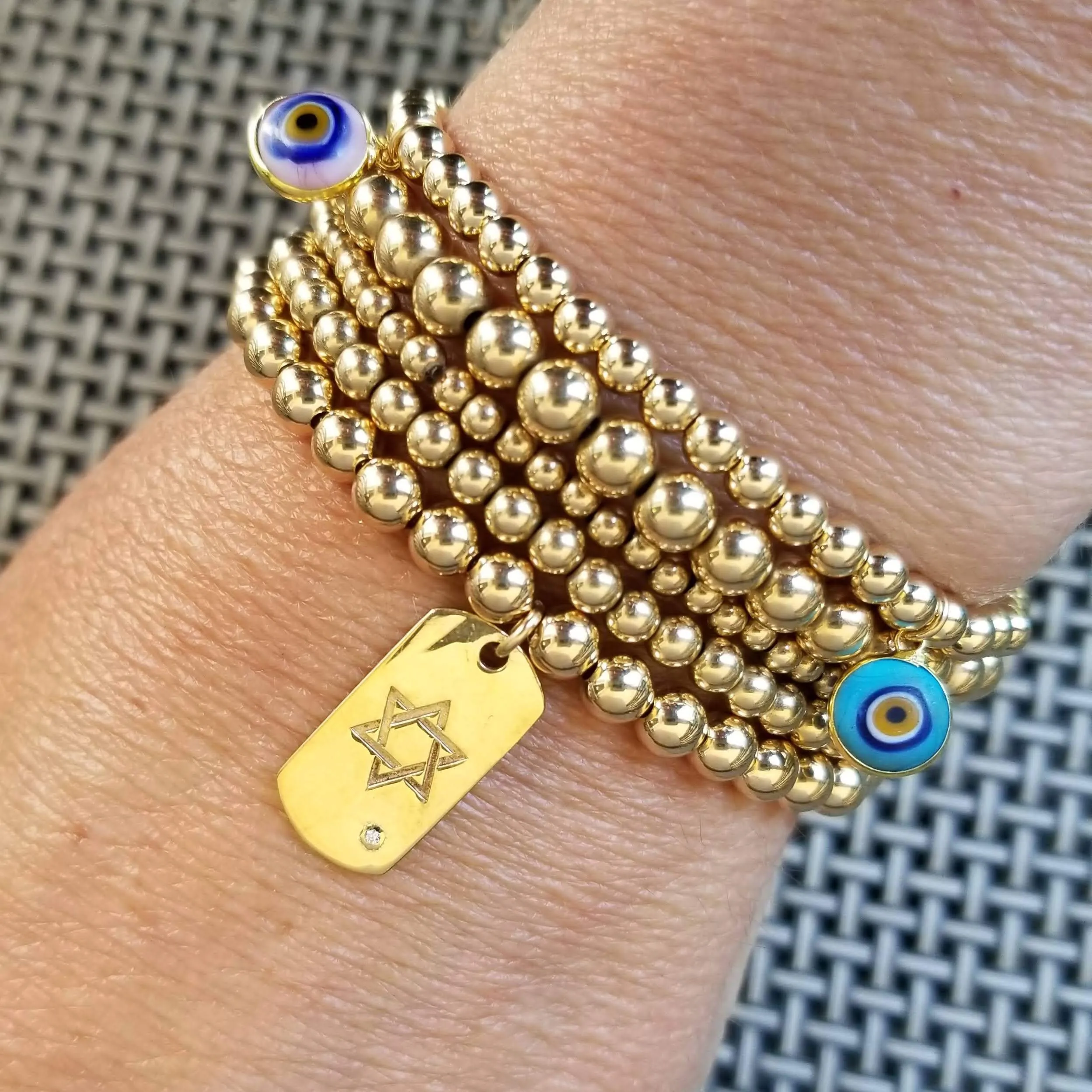 Blue Hamsa Hand Charm on Bead Bracelet in Gold