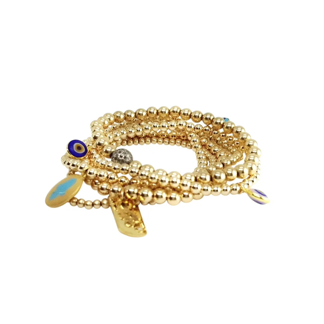 Blue Hamsa Hand Charm on Bead Bracelet in Gold