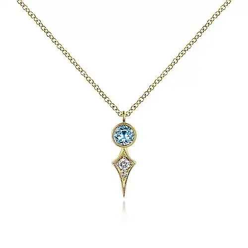 Blue Topaz and Diamond Bezel Set Spiked Kite Pendant Necklace in Yellow Gold