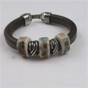 Brown Genuine Leather Bracelet with Handmade Ceramic Focus