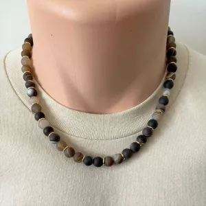 Brown Matte Agate and Gold Ring Mens Beaded Necklace