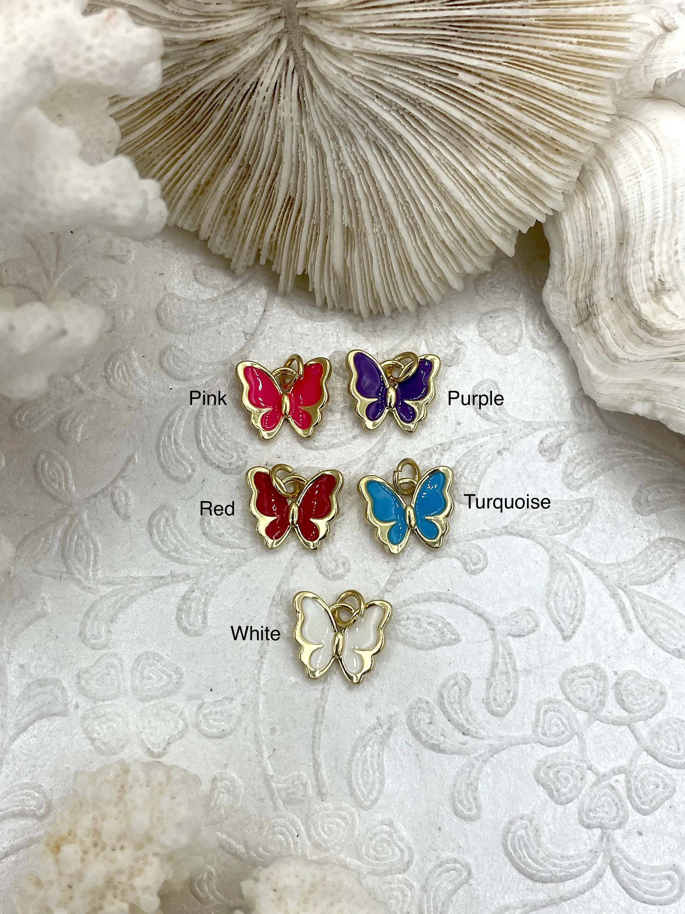 Butterfly Shaped Colorful Enamel and Gold Pendants, Enamel and Gold Plated Brass, 5 Colors Red, White, Turquoise, Pink, & Purple, Fast Ship.