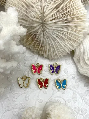 Butterfly Shaped Colorful Enamel and Gold Pendants, Enamel and Gold Plated Brass, 5 Colors Red, White, Turquoise, Pink, & Purple, Fast Ship.