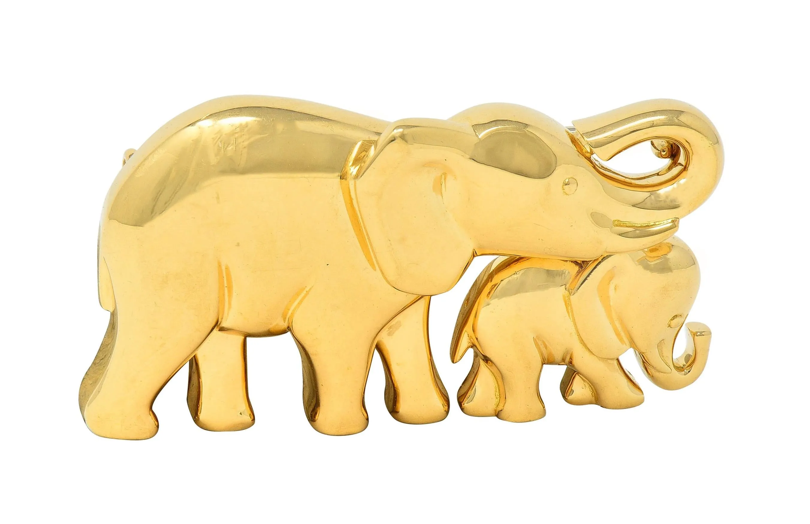 Cartier French 1980's 18 Karat Yellow Gold Vintage Mother & Child Elephant Brooch