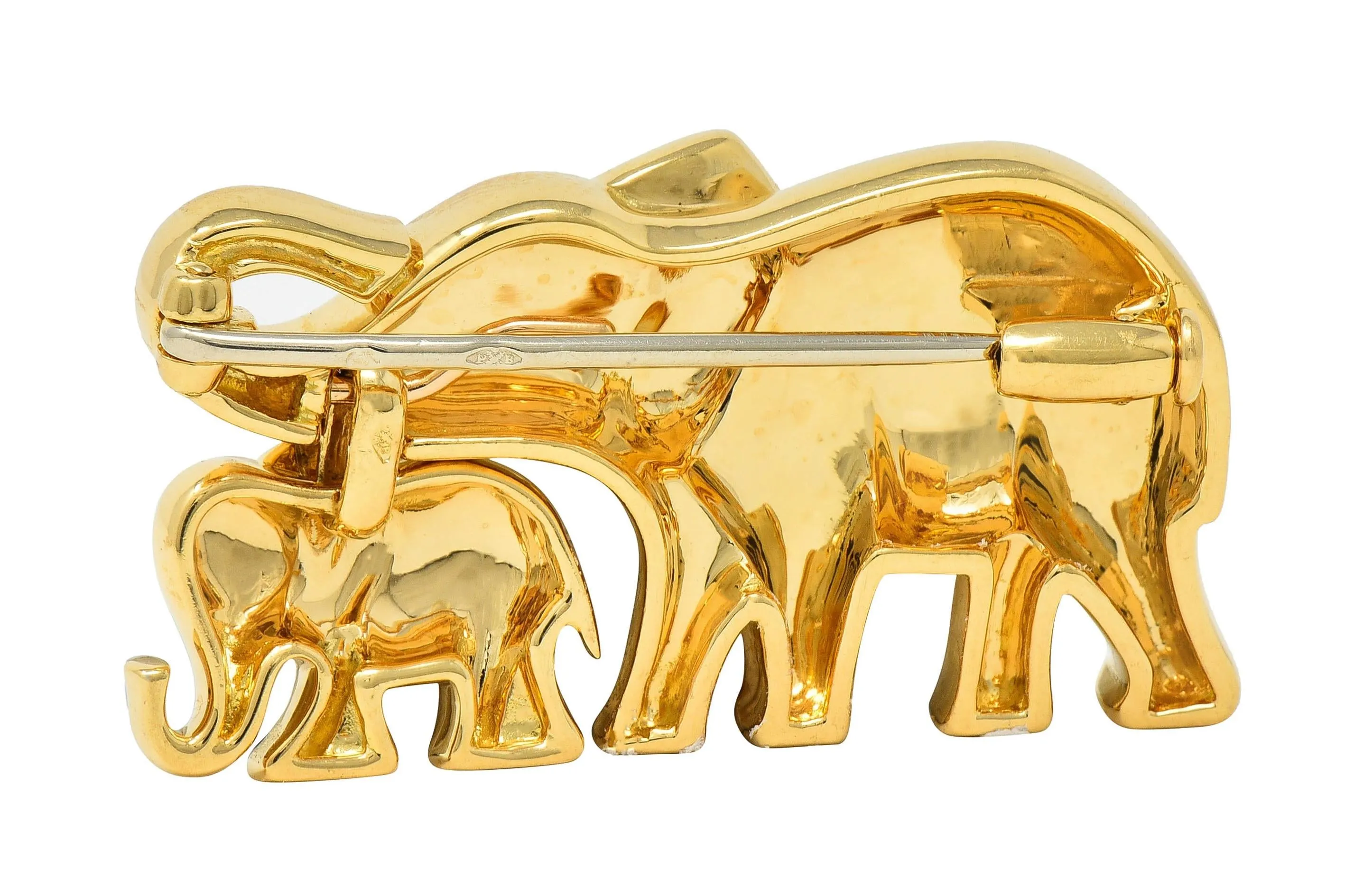 Cartier French 1980's 18 Karat Yellow Gold Vintage Mother & Child Elephant Brooch