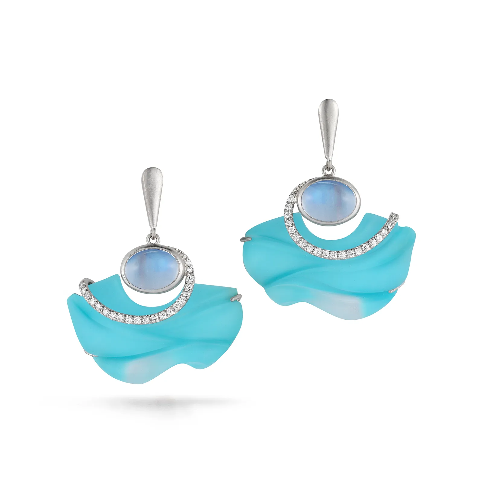 Carved Turquoise, Rock Crystal, Moonstone and Diamond Floating Earrings