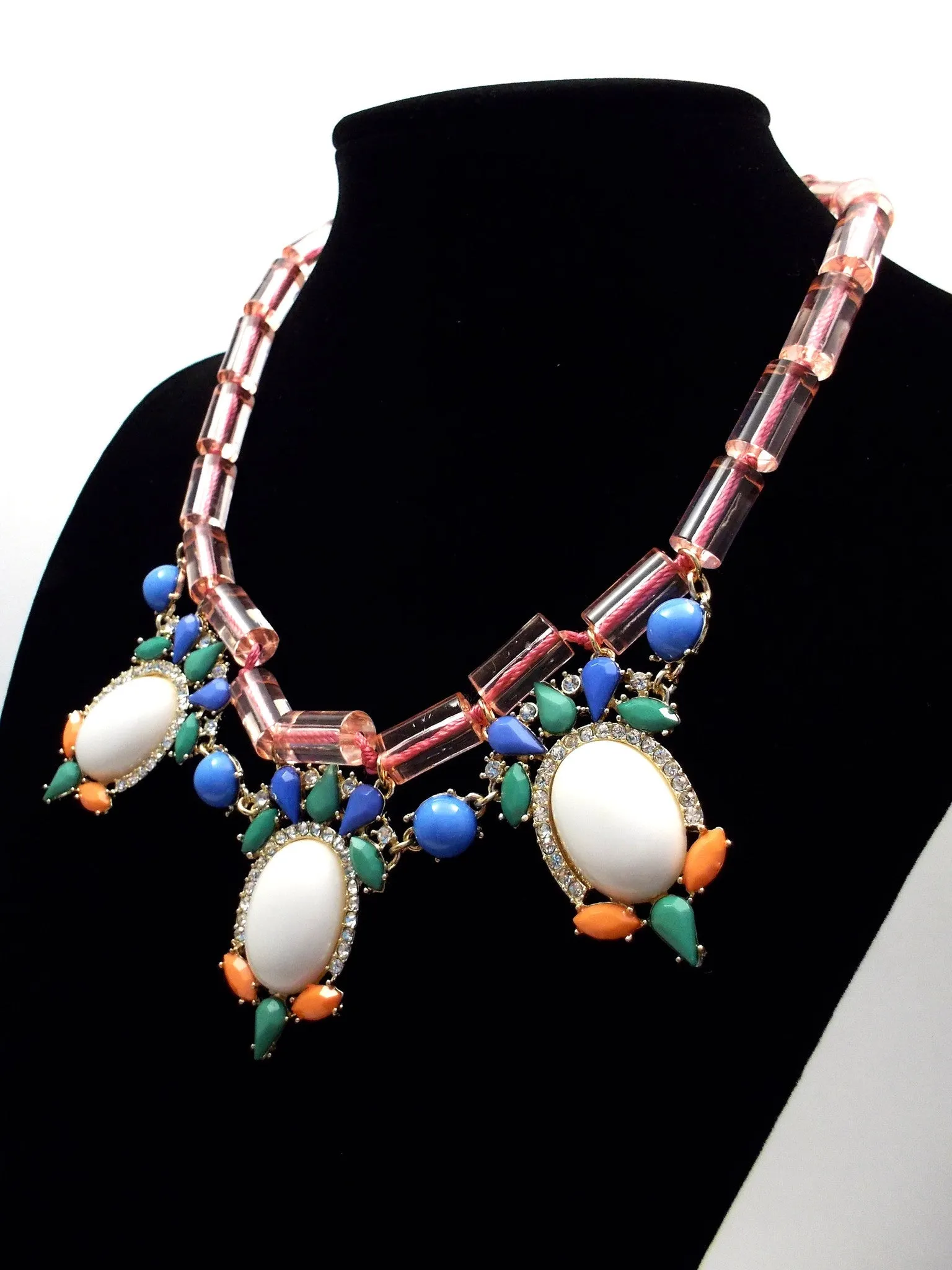 Colorful Beaded & Jeweled Statement Necklace- Pink & White