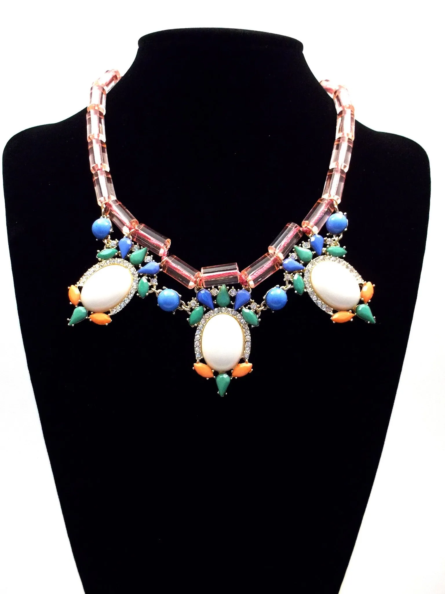 Colorful Beaded & Jeweled Statement Necklace- Pink & White