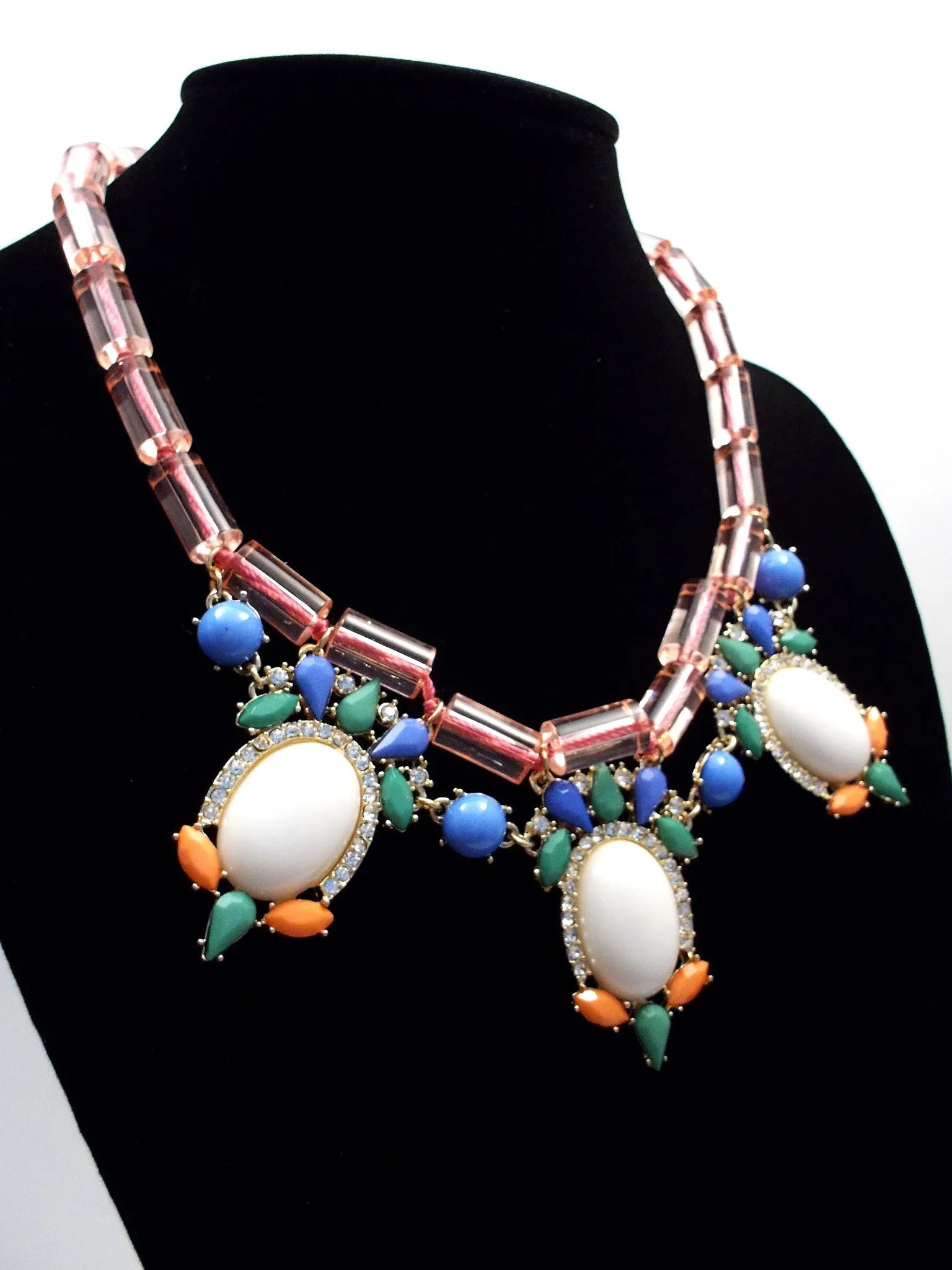 Colorful Beaded & Jeweled Statement Necklace- Pink & White