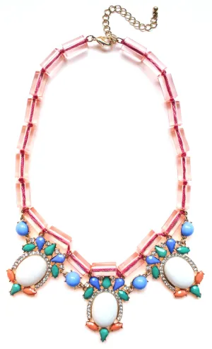 Colorful Beaded & Jeweled Statement Necklace- Pink & White