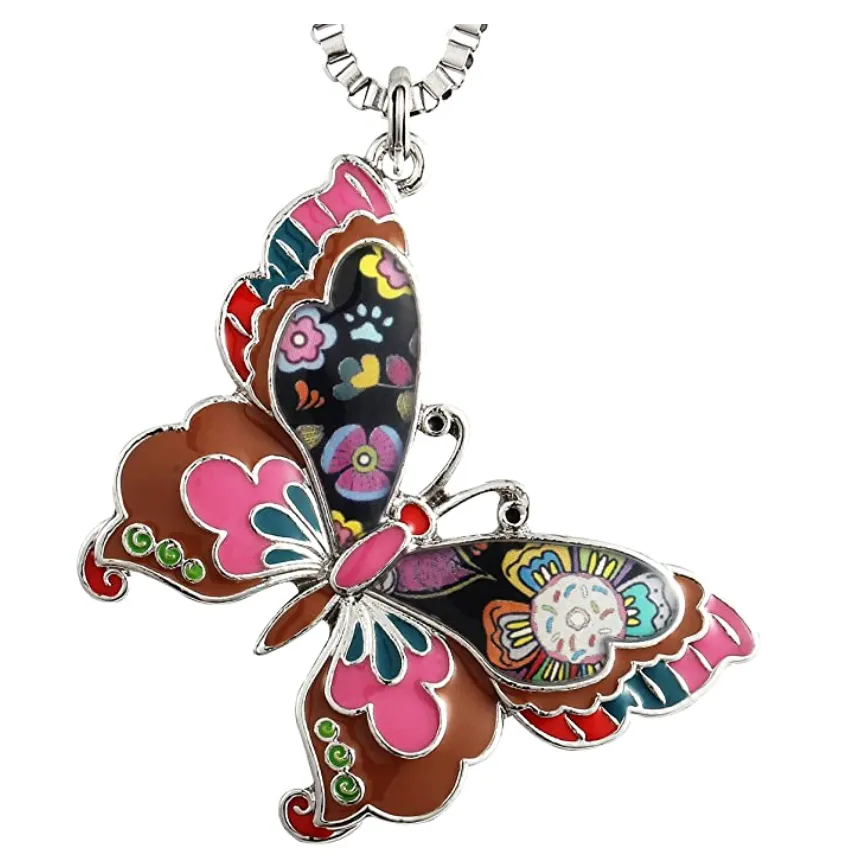 Colorful Butterfly Necklace Butterfly Pendants Jewelry Butterfly Chain Birthday Gift Silver Color 22in.