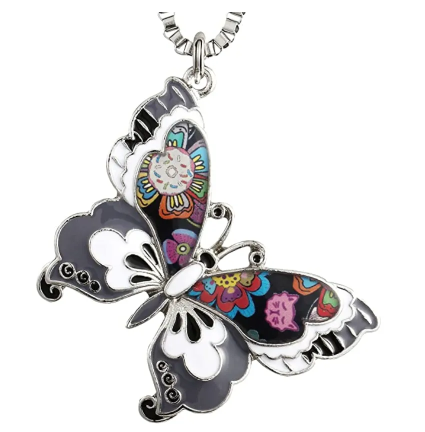 Colorful Butterfly Necklace Butterfly Pendants Jewelry Butterfly Chain Birthday Gift Silver Color 22in.