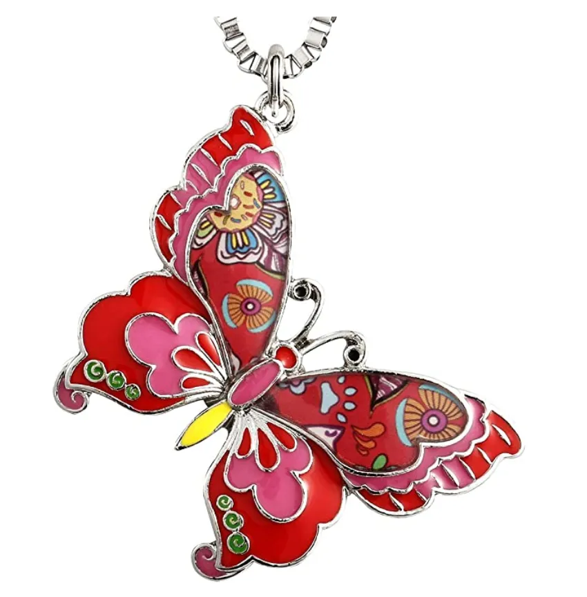 Colorful Butterfly Necklace Butterfly Pendants Jewelry Butterfly Chain Birthday Gift Silver Color 22in.