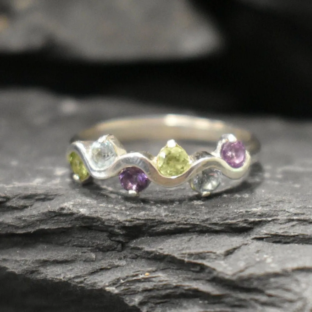 Colorful Topaz Ring - Wavy Multistone Band- Amethyst Peridot Blue Topaz Ring