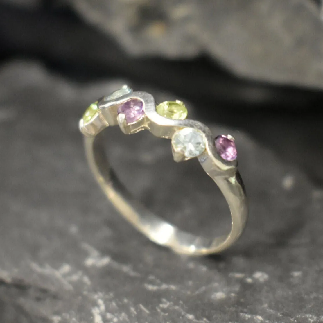 Colorful Topaz Ring - Wavy Multistone Band- Amethyst Peridot Blue Topaz Ring