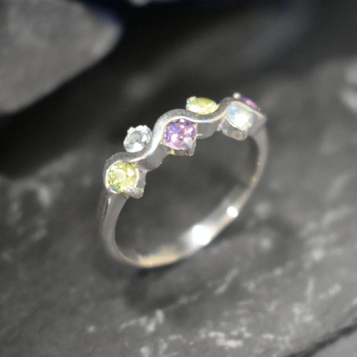 Colorful Topaz Ring - Wavy Multistone Band- Amethyst Peridot Blue Topaz Ring