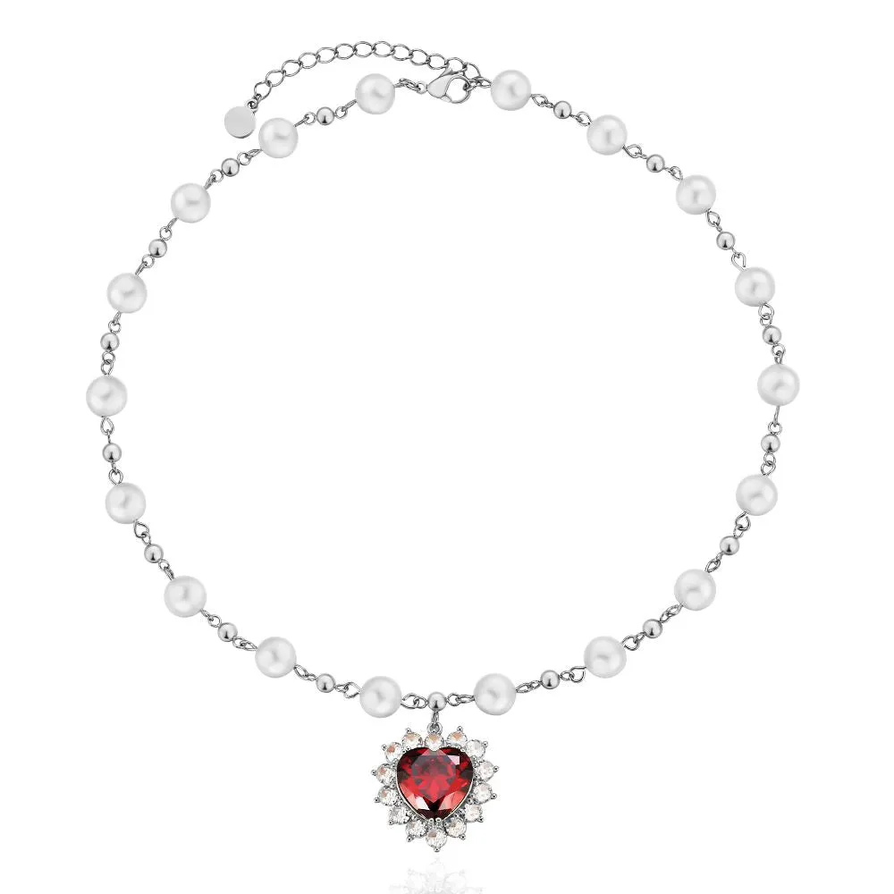 Diamond Red Ruby Heart Pendant Pearl Necklace for Women