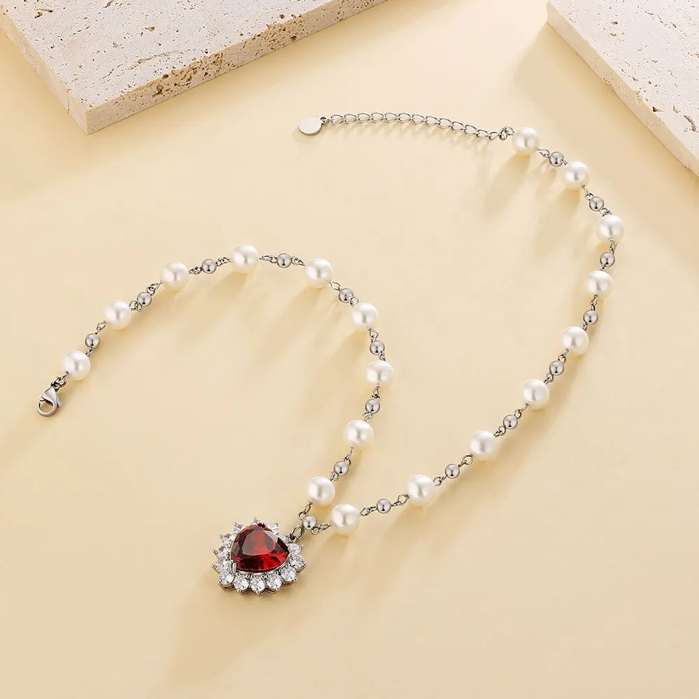 Diamond Red Ruby Heart Pendant Pearl Necklace for Women