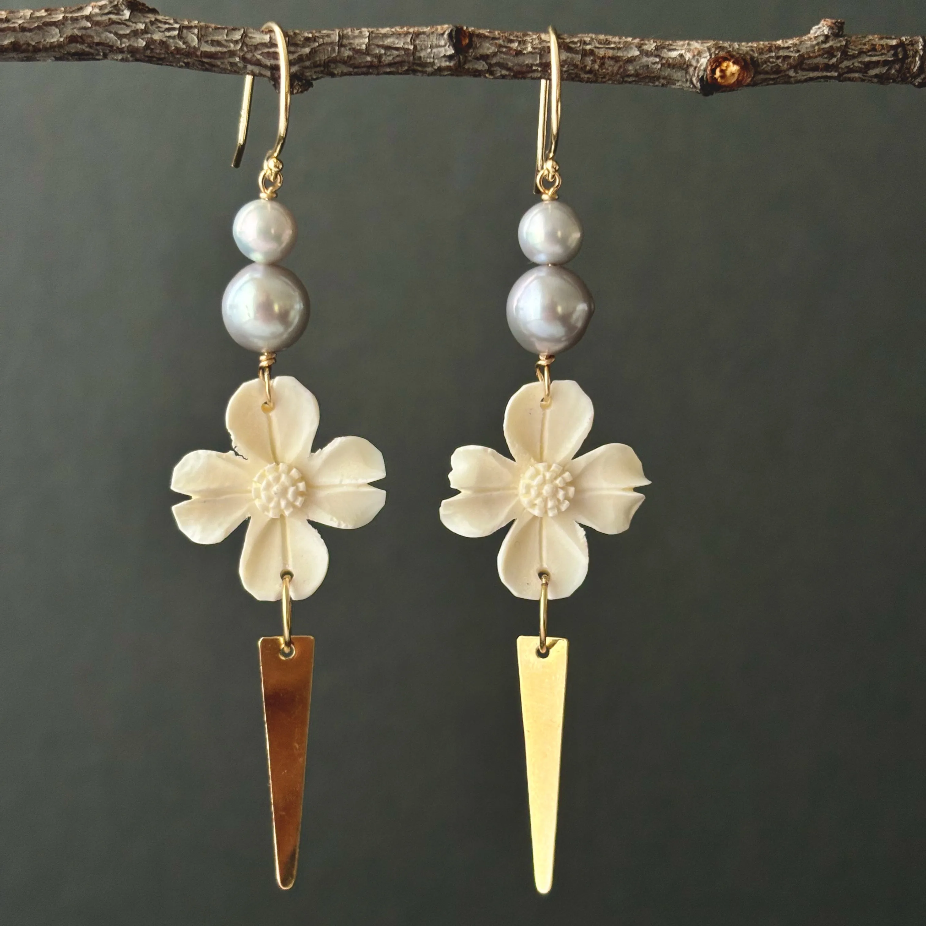 DOGWOOD BONE CARVING EARRINGS WITH SILVER FRESH WATER PEARLS #3