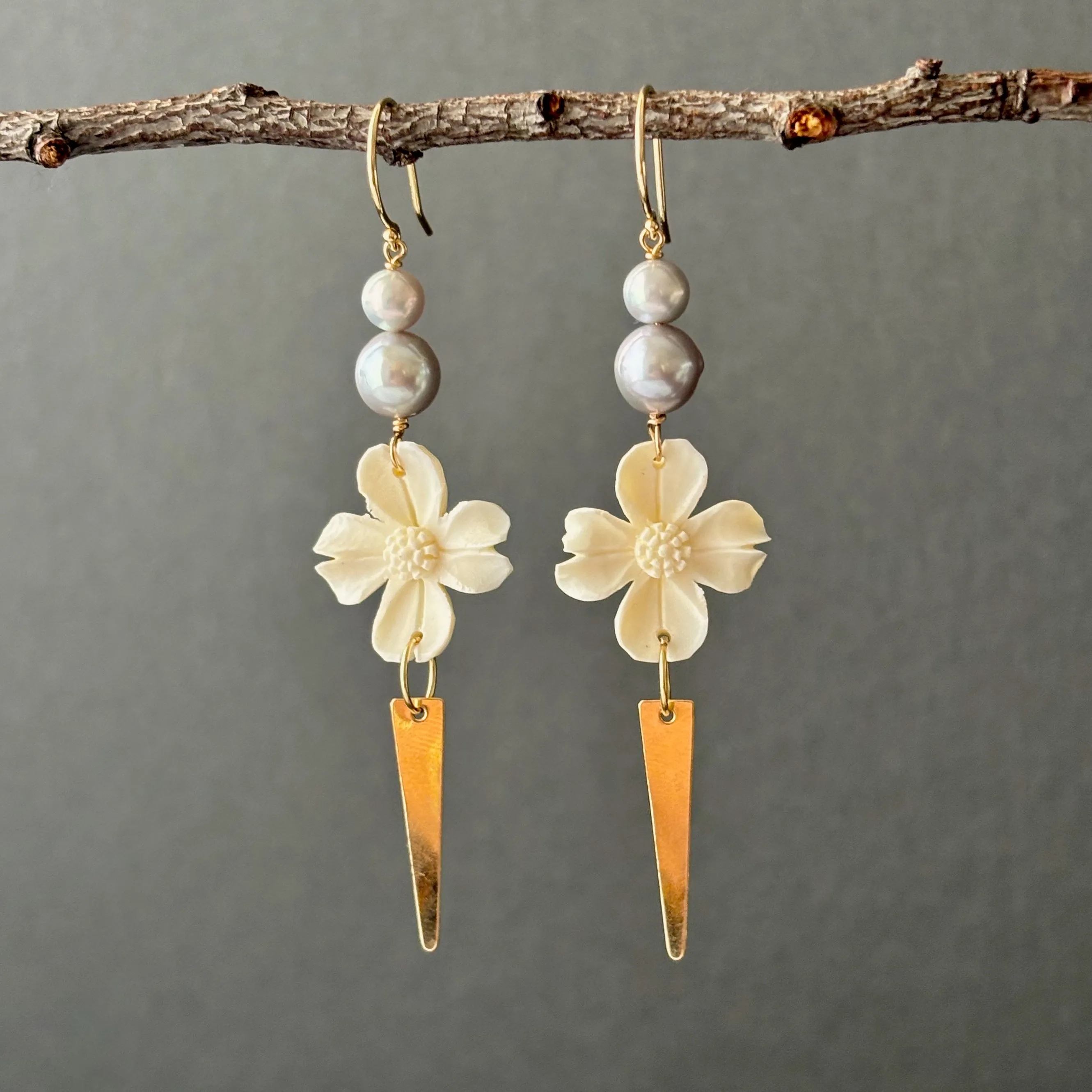 DOGWOOD BONE CARVING EARRINGS WITH SILVER FRESH WATER PEARLS #3