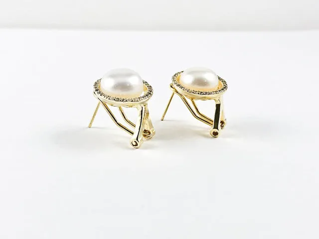 Elegant Round Pearl With Round CZ Frame Gold Tone French Post Silver Earrings