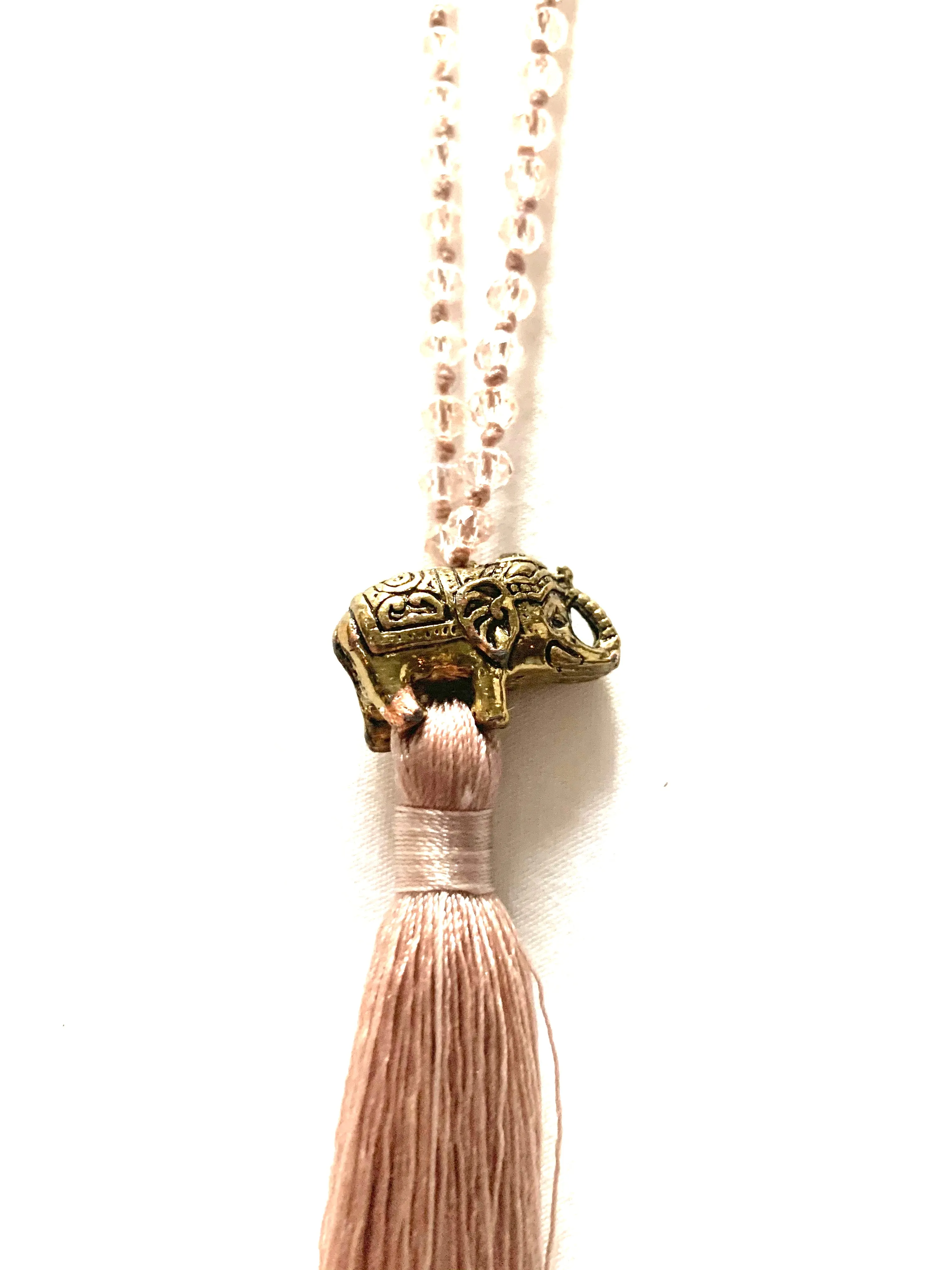 Elephant sparkly pink beaded necklace with tassel