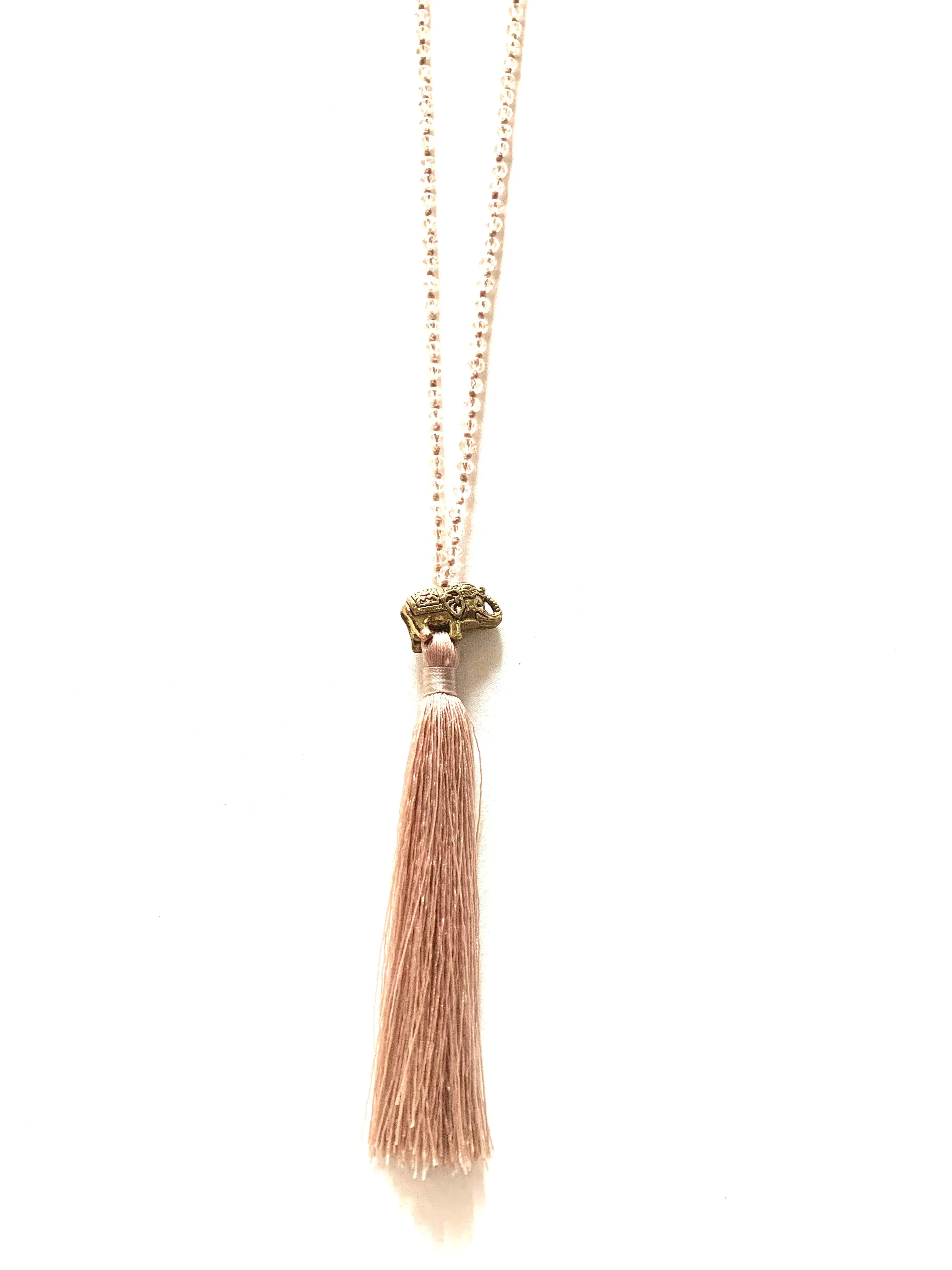 Elephant sparkly pink beaded necklace with tassel