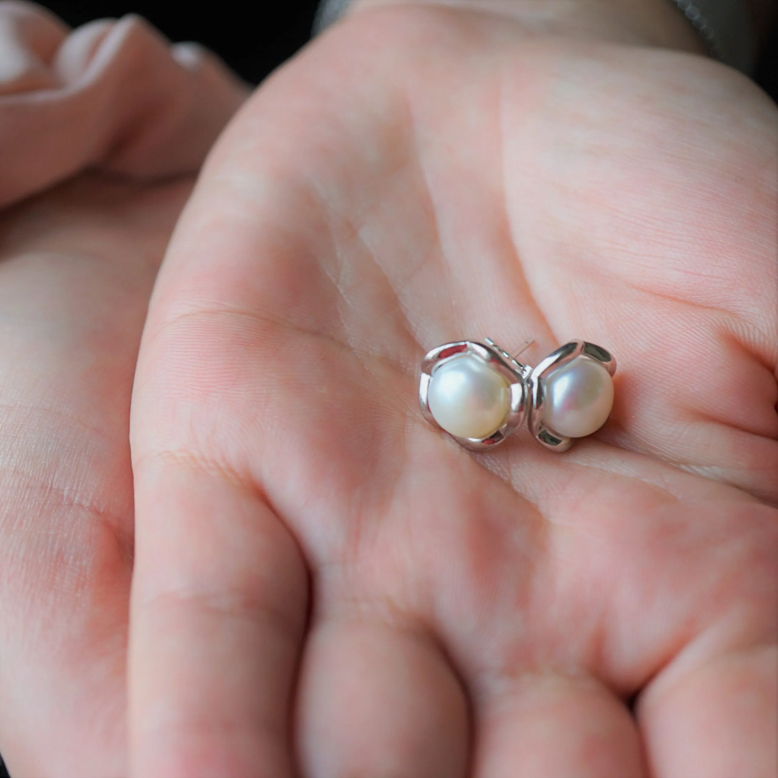 Emilia X - Genuine Freshwater Pearl and Irregular Circle Stud Earrings in Sterling Silver