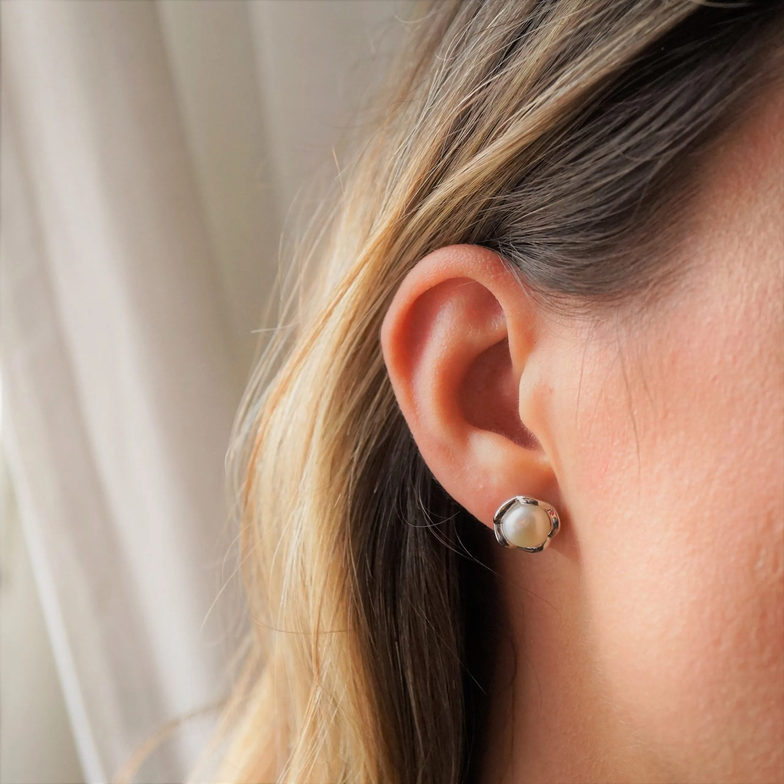 Emilia X - Genuine Freshwater Pearl and Irregular Circle Stud Earrings in Sterling Silver