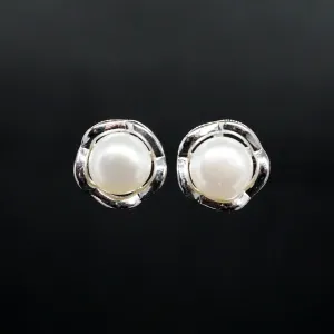 Emilia X - Genuine Freshwater Pearl and Irregular Circle Stud Earrings in Sterling Silver