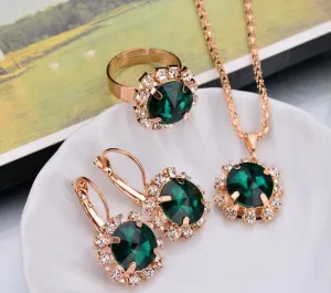 Fashion Jewelry Set for Women Round Crystal Pendants Earrings Ring Sets Bridal Decoration Colorful Three Piece Gifts Conjunto