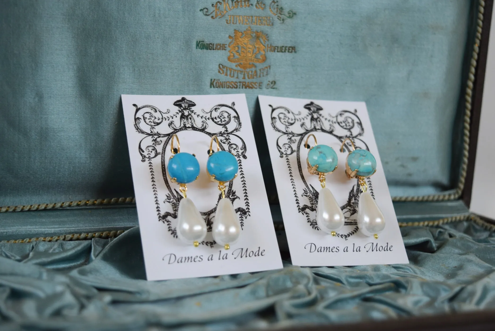 Faux Turquoise and Pearl Dangles - Round