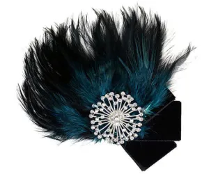 Feather Trim - Black & Teal Brooch with Velvet (Rhinestone Brooch Optional)