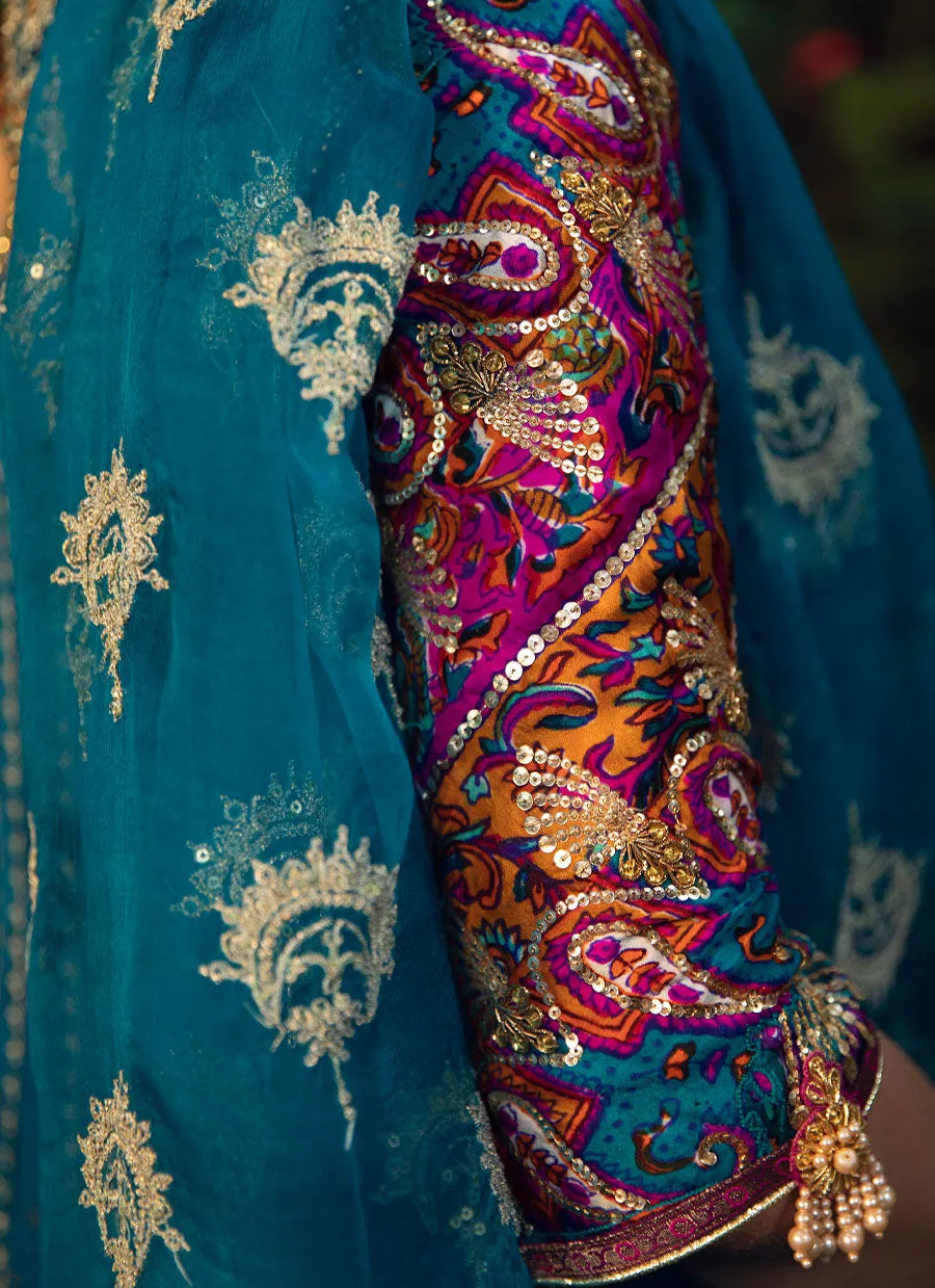 Firu Teal Kalidaar With Teal Organza Dupatta