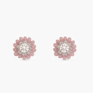 Floral Charm CZ Pink Beads & Pearl Stud Earrings