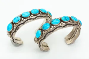 Fred Thompson Navajo Handmade Sterling Silver Turquoise Matching Cuff Bracelets Set