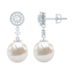 Freshwater Pearl and Diamond Dangle Drop Earrings