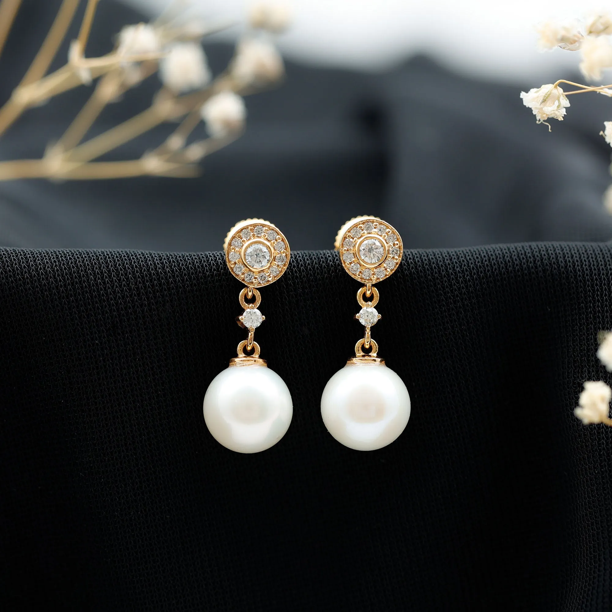 Freshwater Pearl and Diamond Dangle Drop Earrings