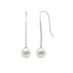 Freshwater Pearl and Diamond Drop Earrings with Fish Hook Closure