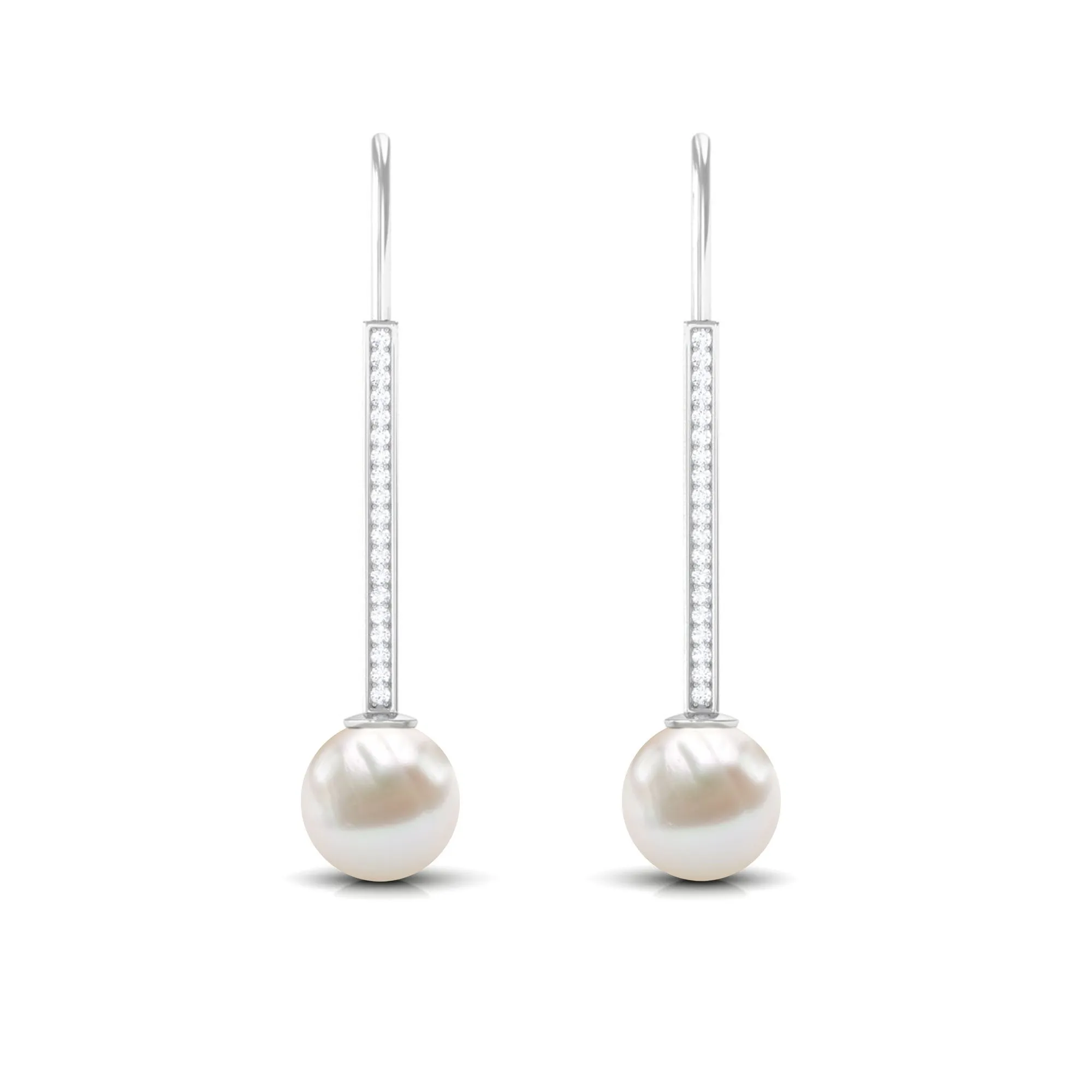 Freshwater Pearl and Diamond Drop Earrings with Fish Hook Closure