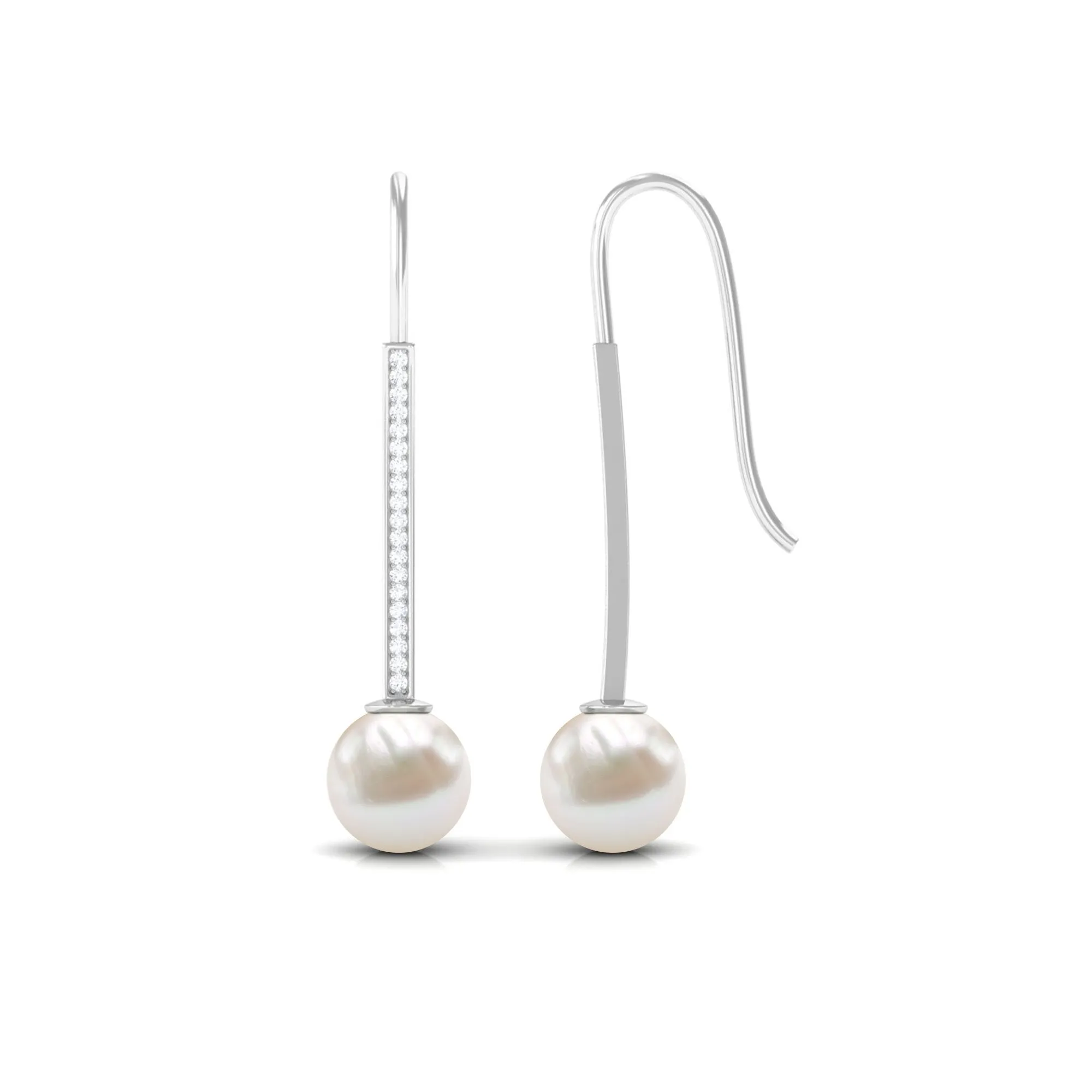 Freshwater Pearl and Diamond Drop Earrings with Fish Hook Closure