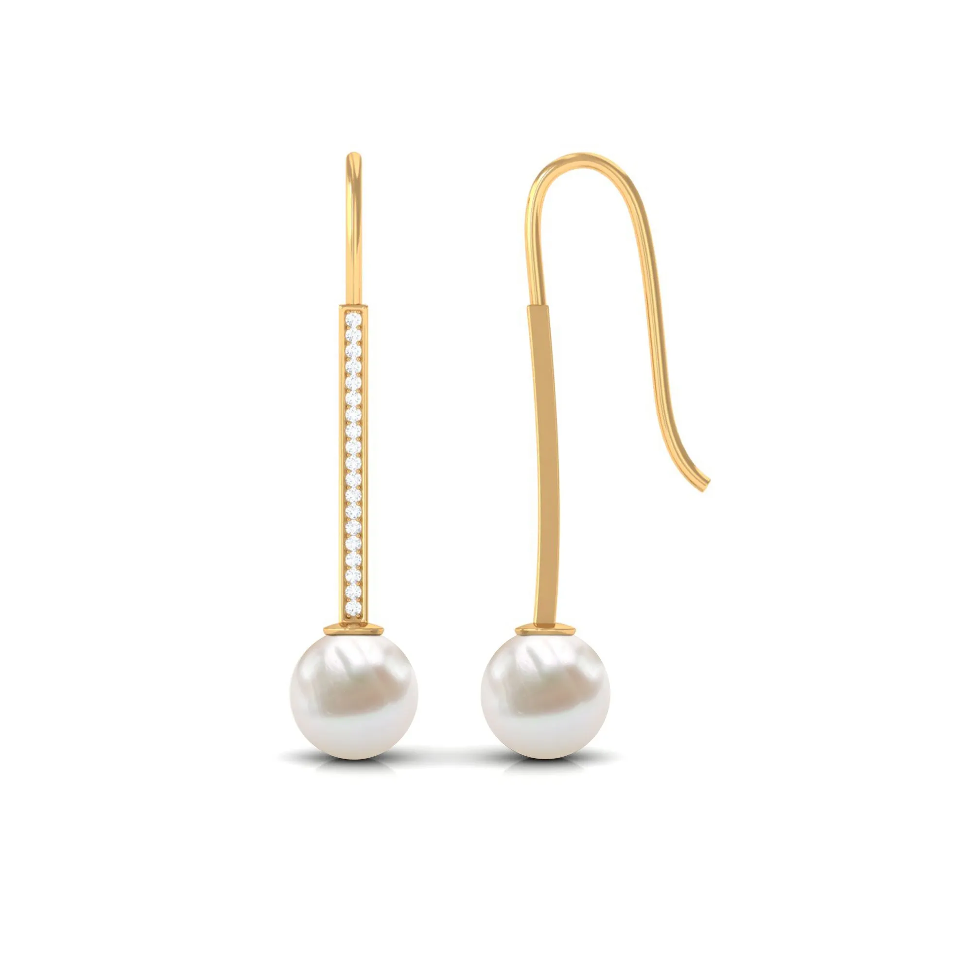 Freshwater Pearl and Diamond Drop Earrings with Fish Hook Closure