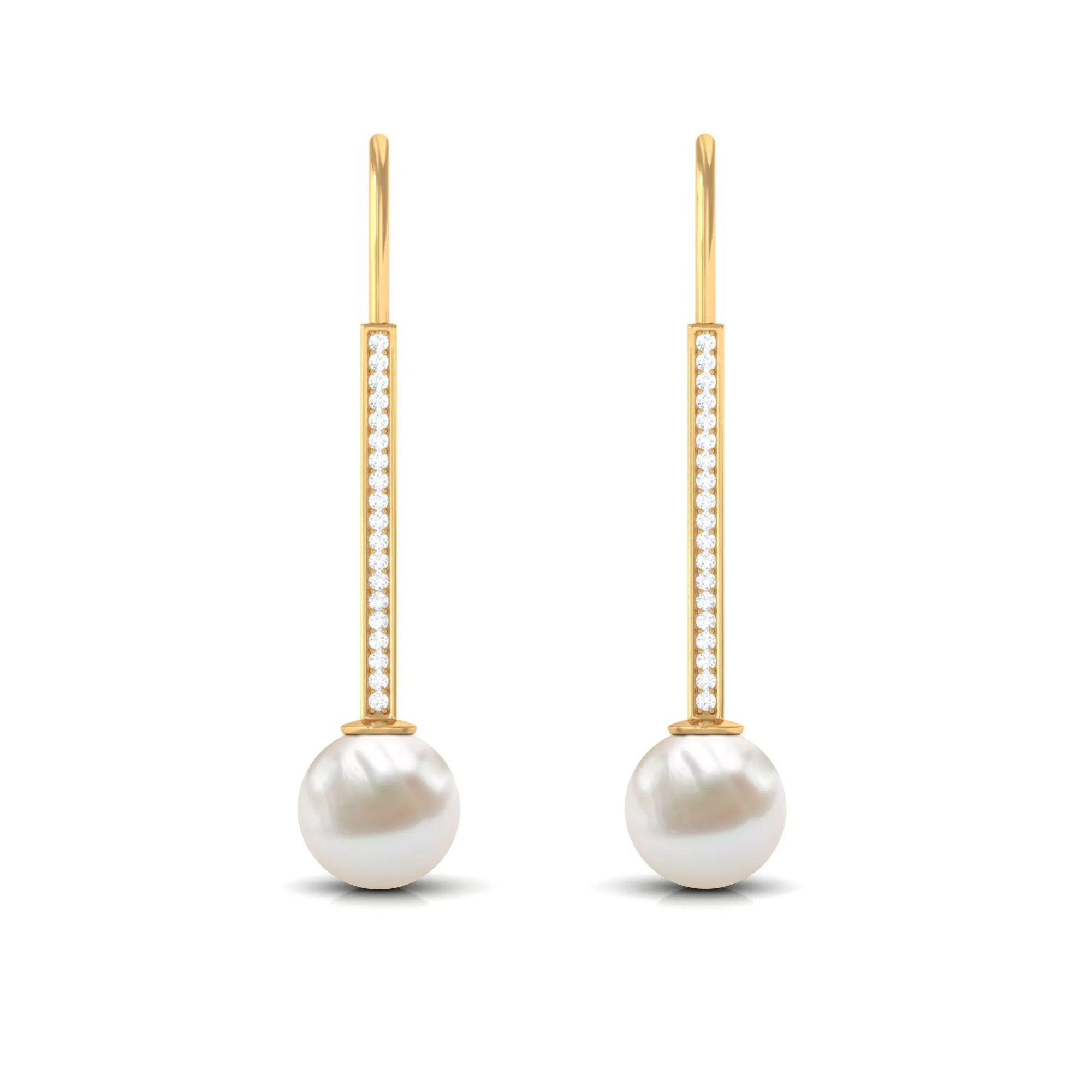 Freshwater Pearl and Diamond Drop Earrings with Fish Hook Closure